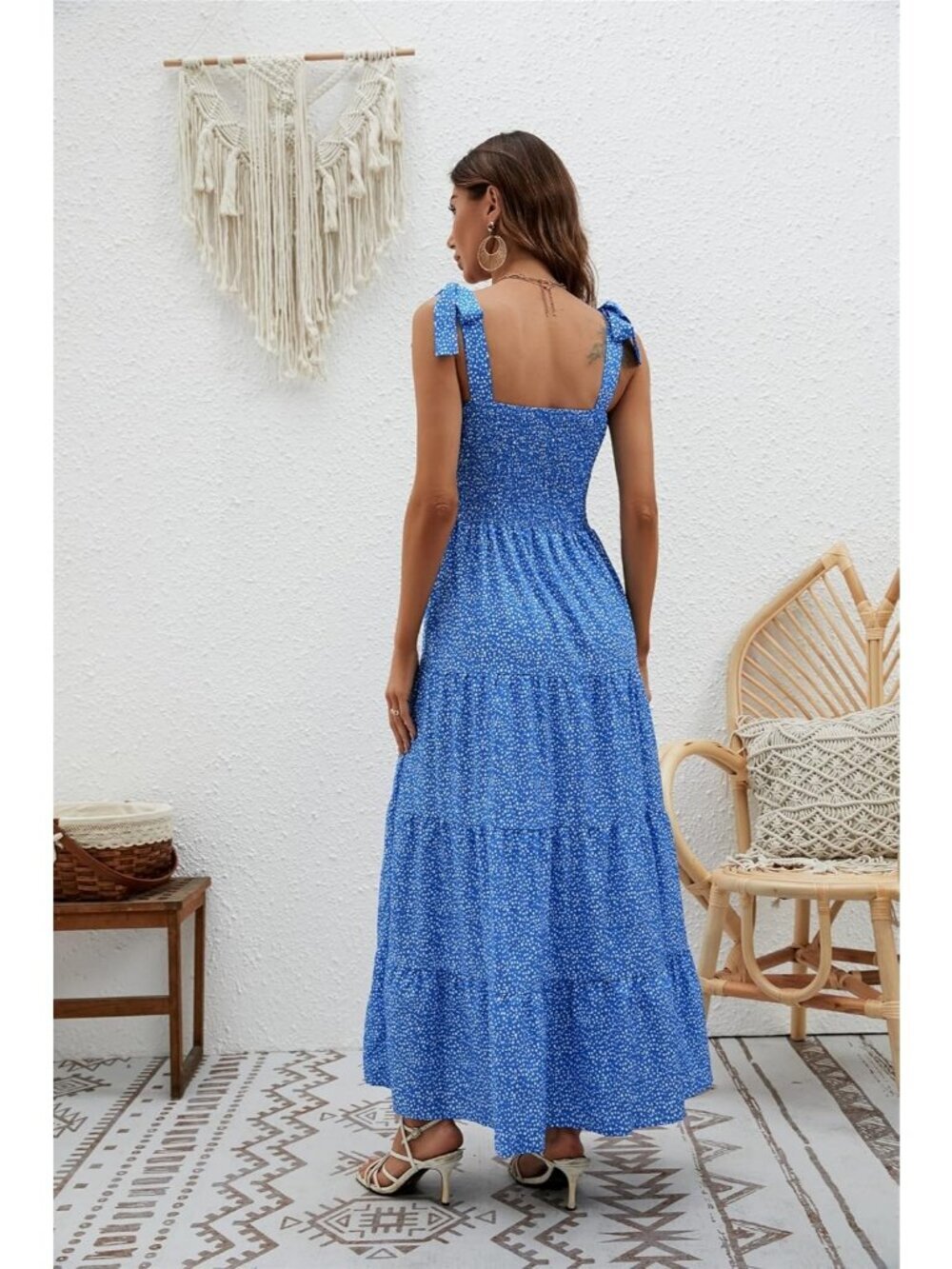Women's Dots Blue 1 Sleeveless Square Neck Ruffle Flowy Imported Maxi Dress - Picture 6 of 6